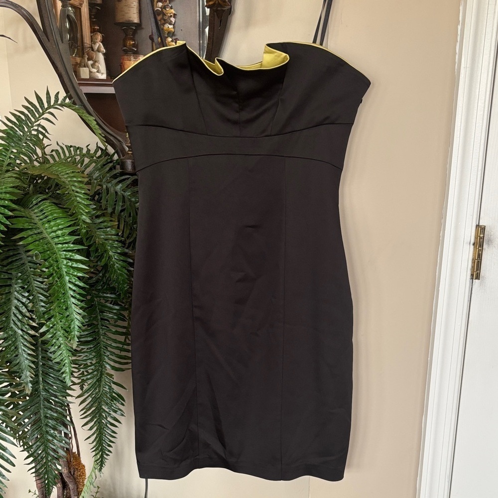 Brand New BCBGMaxAzria Black Chartreuse Strapless Satin Dress Formal Dance